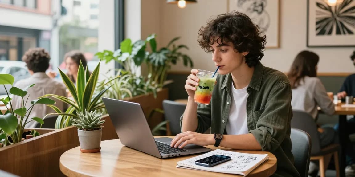 Engaging urban lifestyle scene with a trendy individual enjoying 'Motchill' drink while working at a cafe.