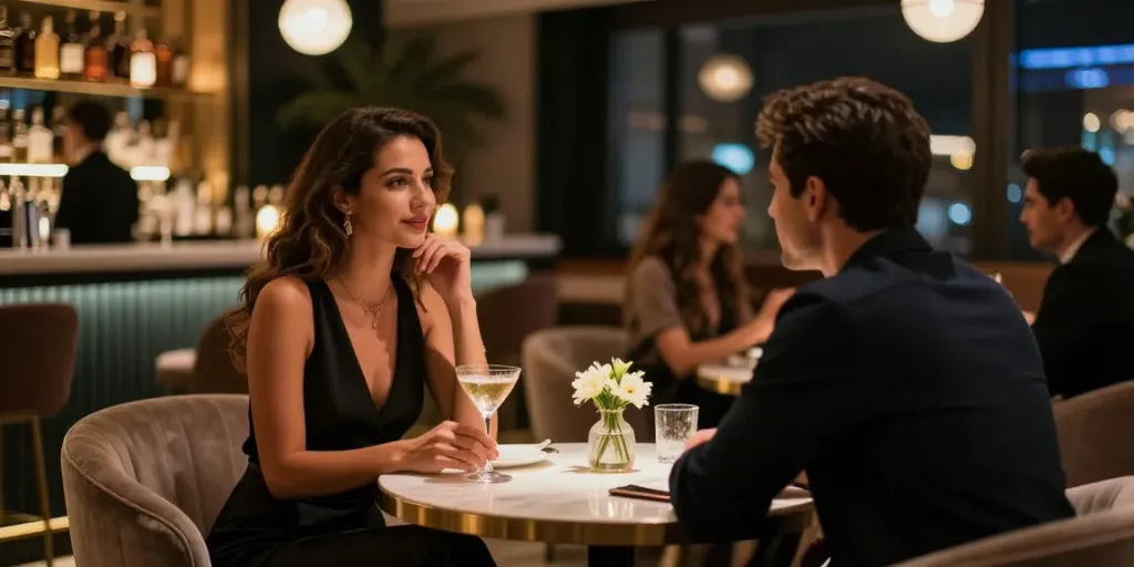 izmir escort bayan enjoying an elegant evening in a luxury bar, showcasing upscale nightlife
