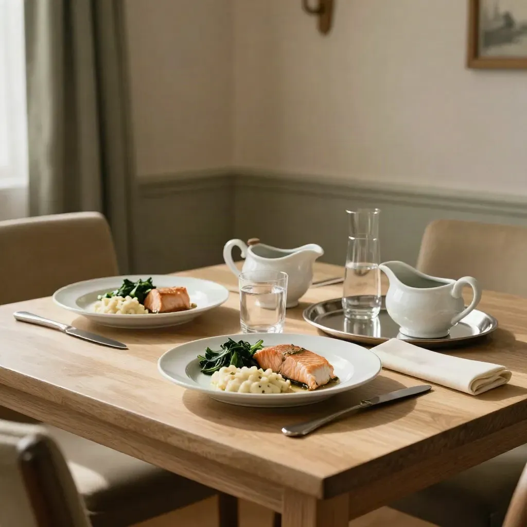 Care-home dining table with puréed meals, adapted crockery and a water carafe in warm low light