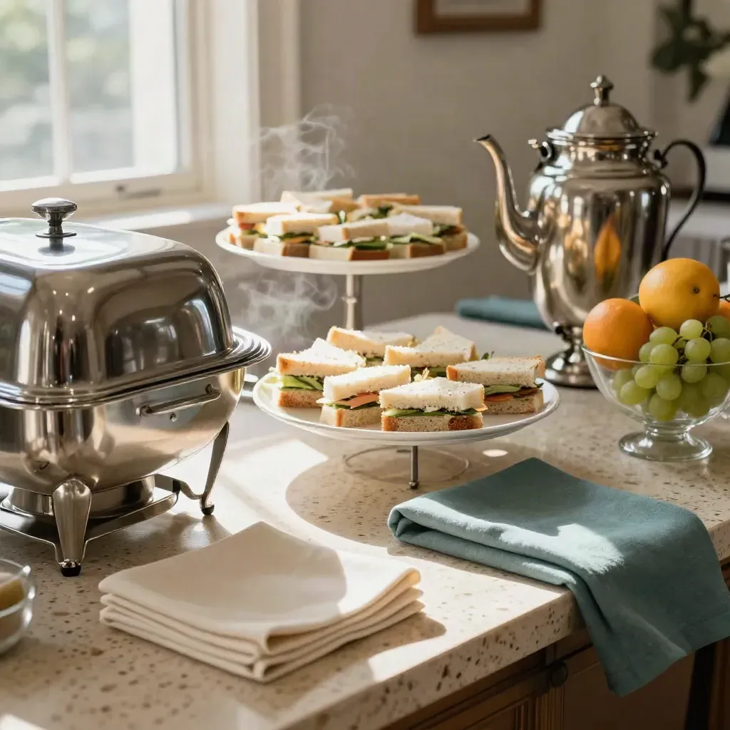 Covered buffet trays, tea urn, sandwich platters and fruit bowls in warm window light.