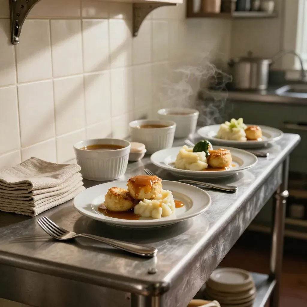 Soft-diet care-home plated meals on pewter sideboard with steam and adapted cutlery.