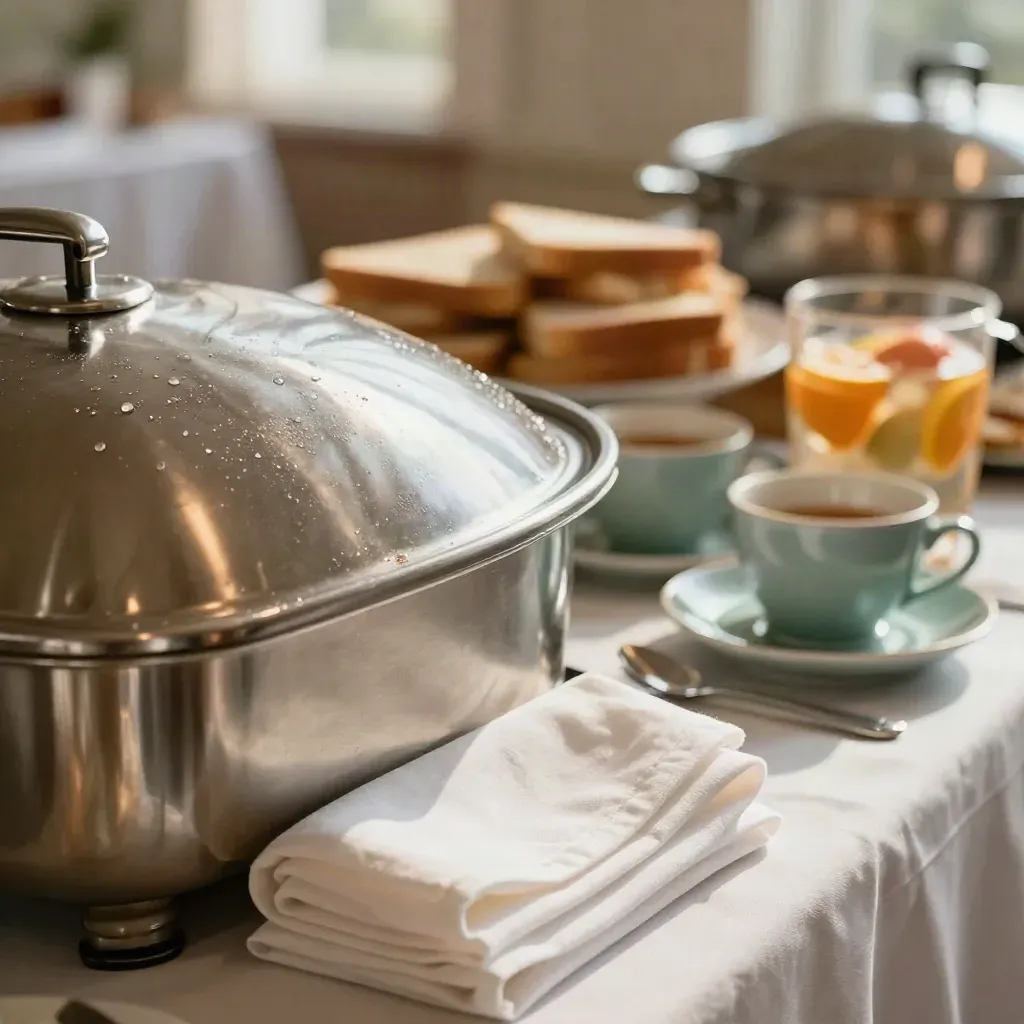 Macro of a hot conference buffet chafer with linen, tea cups, and fruit water