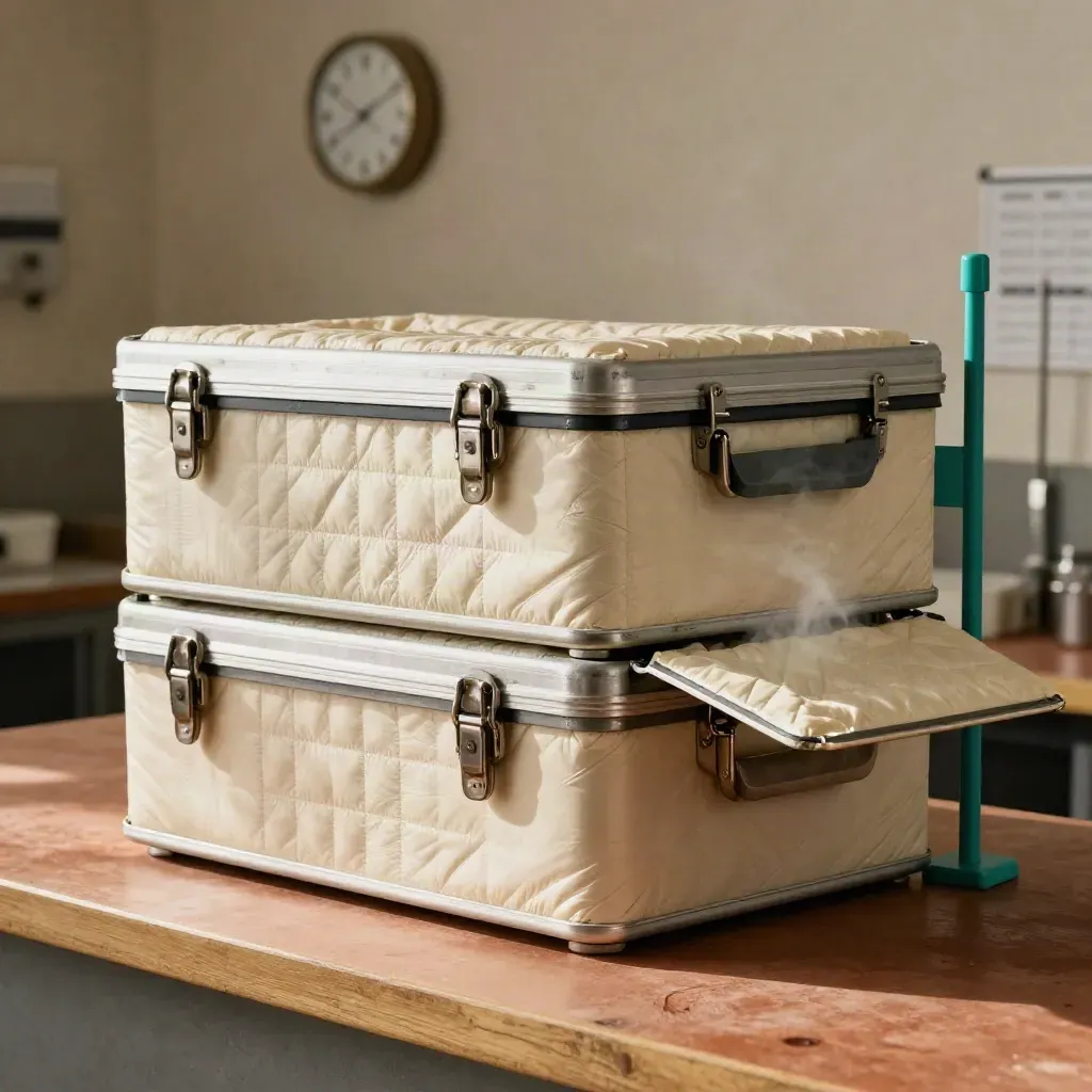 Insulated catering crates with route pegs and a wall clock on a dispatch bench