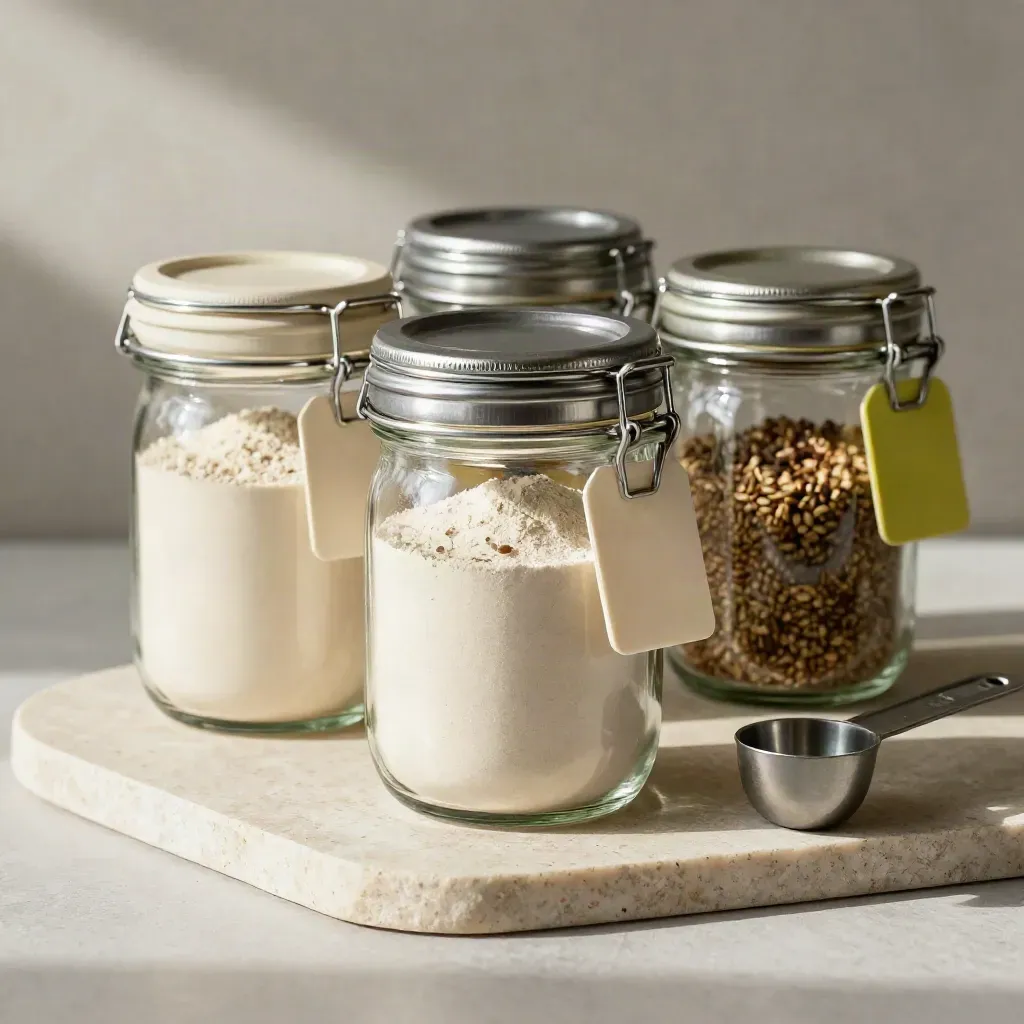 Sealed ingredient jars with colour-coded lids and blank tags on a warm plaster sweep.