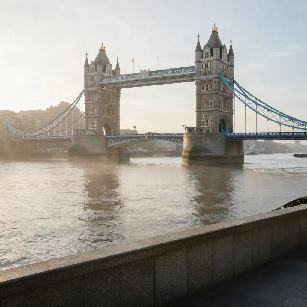 Tower Bridge at sunrise over misty Thames and calm water