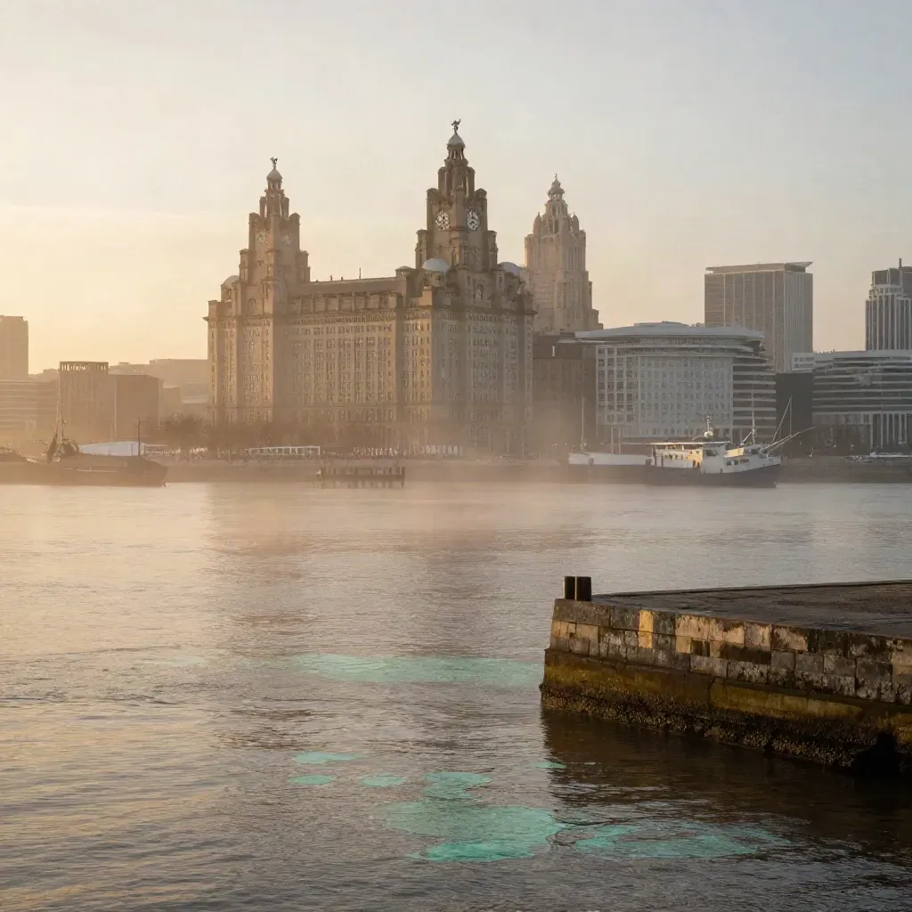 Liverpool waterfront at golden hour, Three Graces in sea mist above calm dock water.