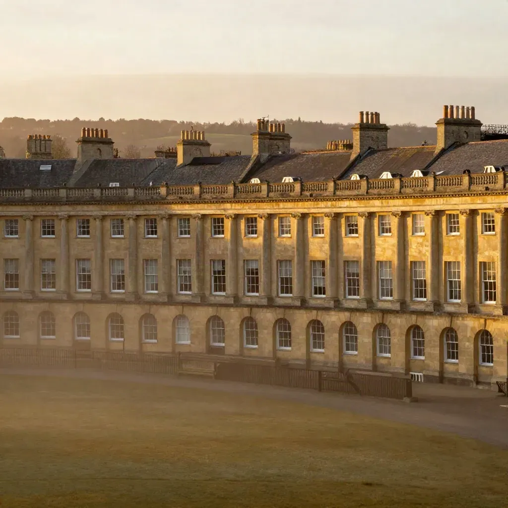 Bath honey-stone rooftops glowing above a misty Somerset horizon at sunset