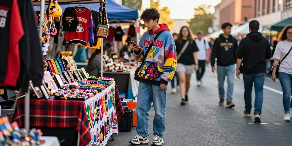 Person wearing stylish rokok88 merchandise exploring a vibrant urban market.